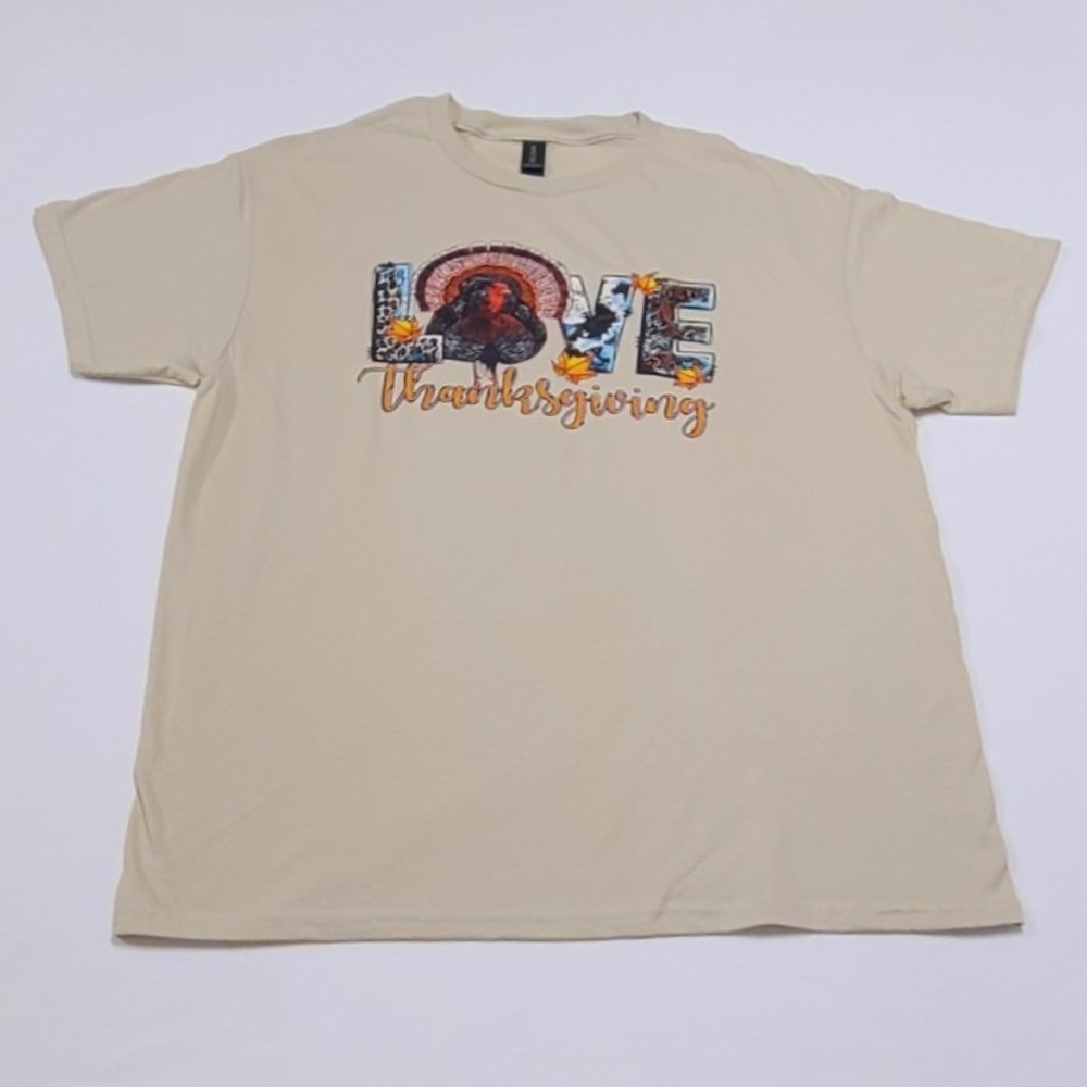 Love Thanksgiving Turkey Graphic Tee Tan Short Sleeve Cotton Shirt Large